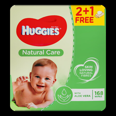 Huggies. Вологі серветки Natural Care 2+1, 3x56 шт.(550176)
