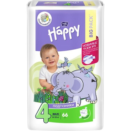 Bella Happy. Подгузники для детей Maxi 4 (8-18 кг) BIG PACK 66 шт. (602888)