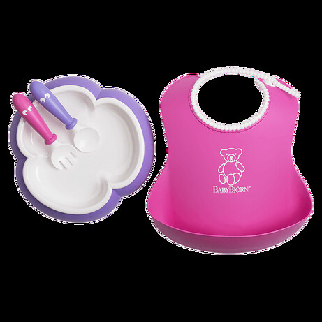 Babybjorn. Детский набор посуды: тарелка, приборы, нагрудник (сиреневый/розовый),4мес+ (78046)