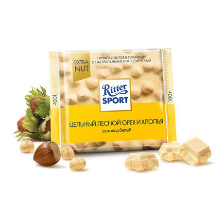 Ritter Sport. Шоколад белый с цельными лесными орехами и рисовыми хлопьями 100г(4000417701008)