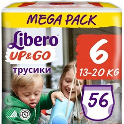 Libero. Подгузники-трусики Libero Up&Go, размер 6 (13-20 кг), 56 шт. (090580)