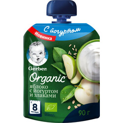 Gerber. Пюре фруктово-йогуртное Organic Яблоко со злаками с 8 месяцев 90 г(712019)