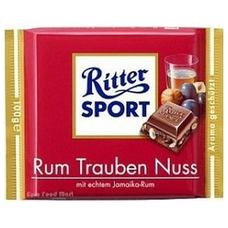 Ritter Sport. Шоколад молочный с ям.ромом-изюм-орех 100г (4000417012609)