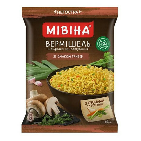 Вермишель Мивина со вкусом грибов, овощей, зелен не острая 60 г (7613039935774)