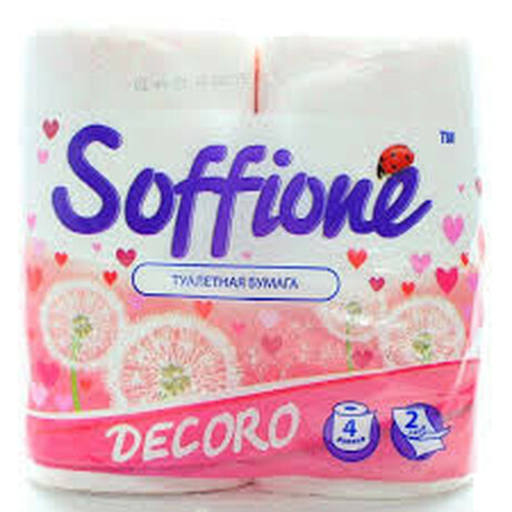 Soffione. Туалетная бумага Soffione Dekoro, 2 слоя, 4 рулона, Бело-розовая (833018)