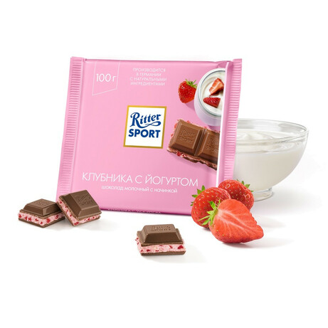 Ritter Sport. Шоколад молочный с начинкой клубника с йогуртом 100г (4000417269607)
