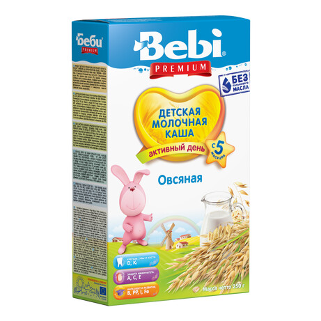 Bebi Premium. Молочная каша «Овсяная c персиком», 5 мес + 250 г. (076357)