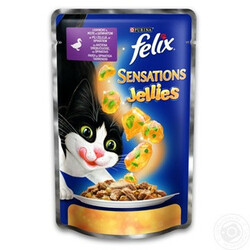 Felix. Корм Felix Sensations Jellies С уткой в желе с шпинатом для взрослых котов 100г (76130354696