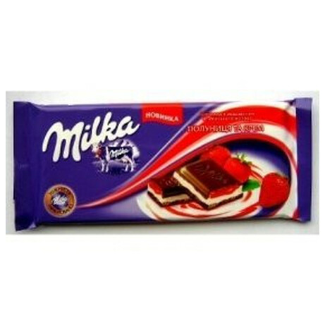 Milka. Шоколад с начинкой крем-клубника 90гр (7622300437848)