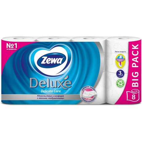 ZEWA.Туалетная бумага Zewa Deluxe белая трехслойная 8 рулонов, 150 листов (7322540313345)