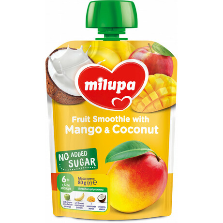 Milupa. Пюре Milupa  пауч "яблуко-банан-манго з кокос молоком" 6 м+  80 г(414149)