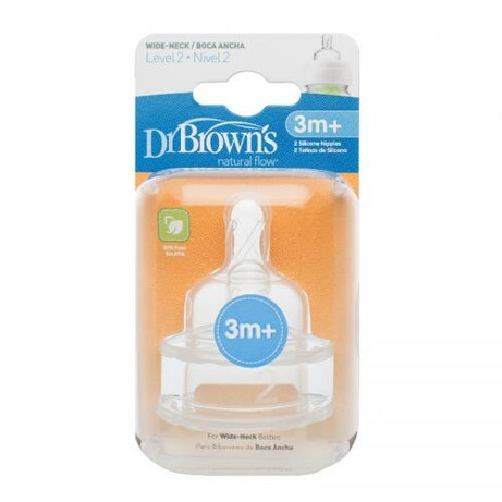 Dr. Brown's. Соска 2-го уровня для бутылочки с широким горлышком, силикон, 3+ мес, 2 шт (372-INTL)