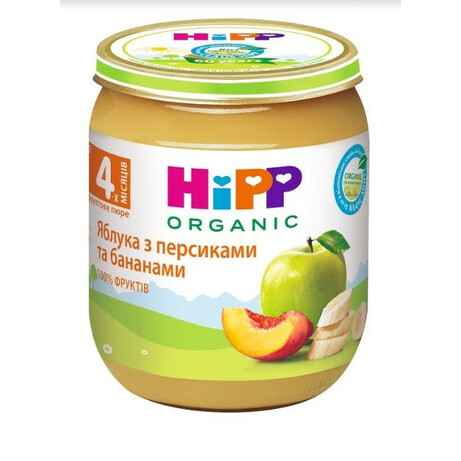 HIPP. Пюре  «Яблоки с персиками и бананами», 4+ м. 125 г (9062300134244)