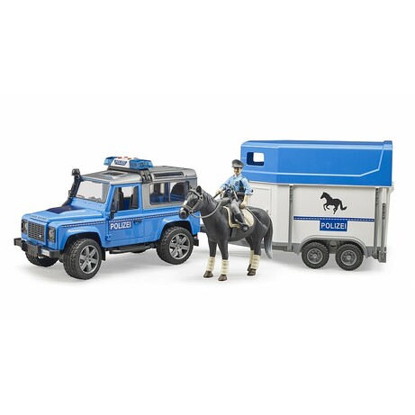 BRUDER. Land Rover Defender с прицепом и фигурка полицейского с конем (02588)
