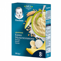 Gerber. Молочна суха дитяча каша Мультизлакова з йогуртом, бананом і грушею, 240 г (834 244)
