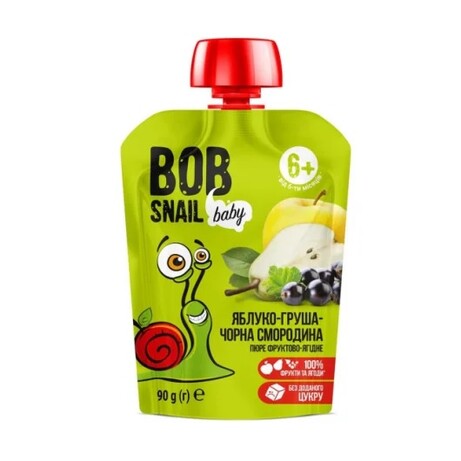 Bob Snail.Пюре для дітей 6 m + яблуко-груша-чорна смородина Bob Snail д / п 90г х 10 шт (343820-10)