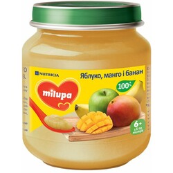 Milupa. Фруктовое пюре Яблоко, манго, банан 6м+, 125г. (5900852051401)