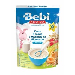 Молочная каша Bebi Premium «5 злаков с малиной и абрикосом», 6 мес+ 200 г. (3838471024570)