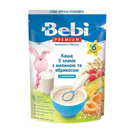Молочная каша Bebi Premium «5 злаков с малиной и абрикосом», 6 мес+ 200 г. (3838471024570)