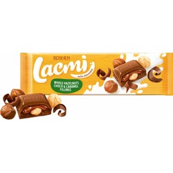 Шоколад Roshen Lacmi молочний з цілими лісовими горіхами та шоколадно-карамельною начинкою 295 г (9518)