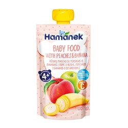 Фруктовое пюре Hamanek "Яблоко с персиком и бананом" 4 мес+ 120г (783945)