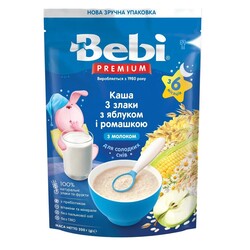 Молочная каша Bebi Premium «3 злака с яблоком и ромашкой, обогащенная пребиотиками», 6 мес+ 200 г.