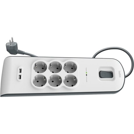 Сетевой фильтр Belkin 6хSchuko, 2xUSB 2.4A, c защитой от перенапряжения 650 Дж 2m White (BSV604vf2M)