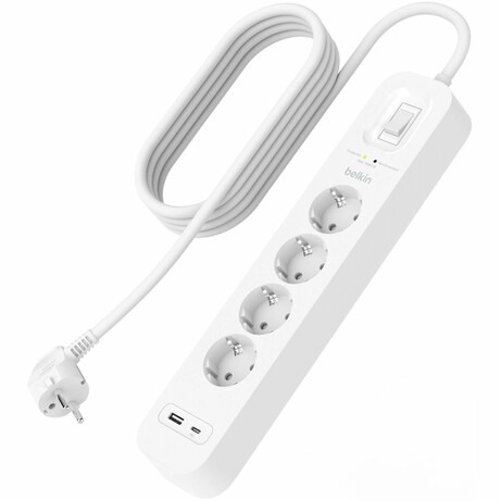 Удлинитель-фильтр сетевой Belkin 4хТип F, 3x1.5мм кв, 16А, USB-A/USB-C 18Вт, защитой от перенапряжен