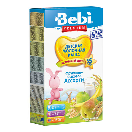 Bebi Premium. Молочная каша «Фруктово-злаковое ассорти», 6 мес + 250 г. (048774)