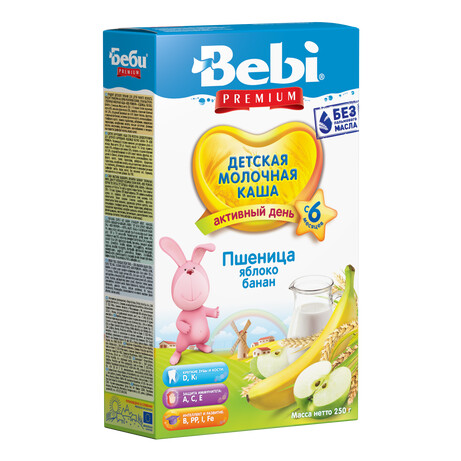 Bebi Premium. Молочна каша "Пшениця, яблуко, банан", 6 мес+ 250 р.(054560)